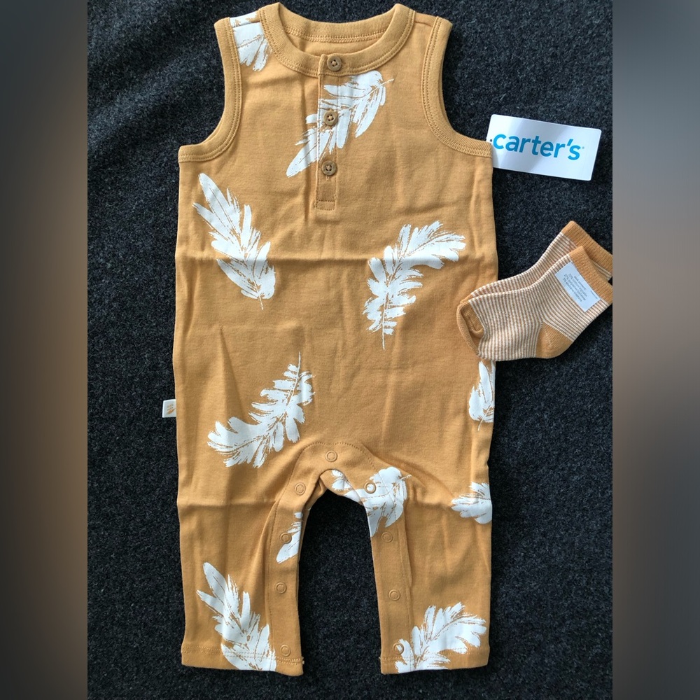 Carter's Mustard Feather Print Romper with Socks